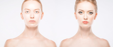 girl before and after makeup on white backgroundの写真素材