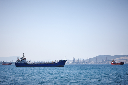 ship, port, sea, blue sky, the mountainsの写真素材
