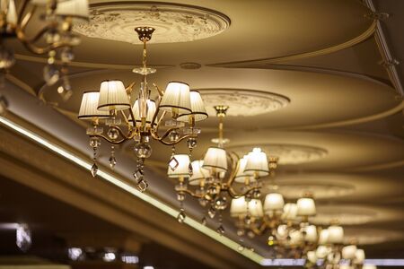 beautiful crystal chandelier in the wedding hallの写真素材