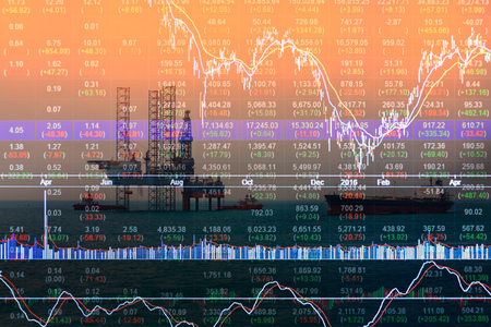 Stock market concept with oil rig in the gulf and oil refinery industry background,Double exposureの写真素材