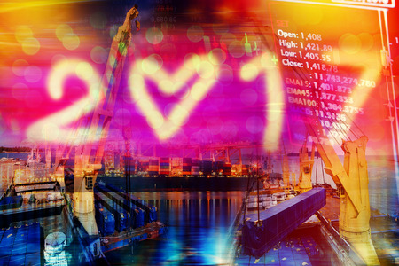 Stock market concept with International Container Cargo ship in the ocean, Freight Transportation, Shipping, Nautical Vessel, background in 2017.Business and industry concept.の写真素材