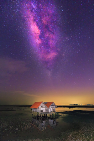 The milky way landscape with abandoned hut on field in Thailand,noise and grain picture styleのeditorial素材