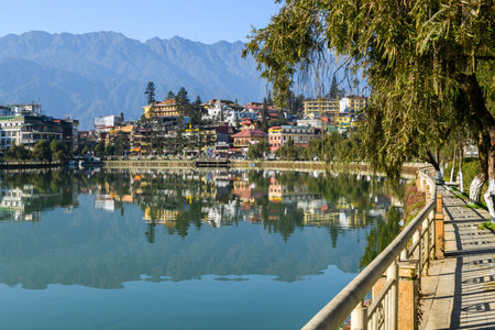 Sapa lake and town in Sapa, Vietnamの写真素材