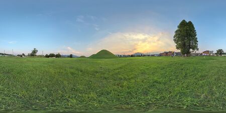 Gyeongju, South Korea 26 August 2019: Daereungwon Ancient Tomb Complex_360 Degrees Panoramic view. Large ancient tombs of kings and nobles of the Silla Kingdom can be seen around Gyeongju at the Daereungwon Tomb Complex (Cheonmachong Tomb).のeditorial素材