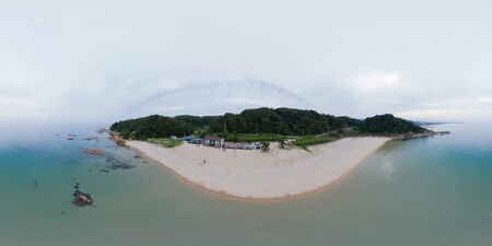 360 degrees spherical panorama with beautiful beach. Drone shot of beach and island. VR content.
