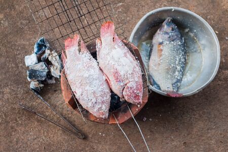 Grilled fish On the charcoal stove, Pre-cookedの写真素材