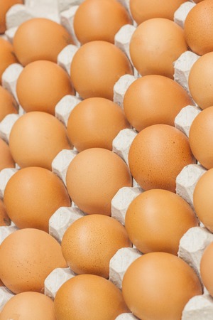 Many brown eggs in boxes in store close up.