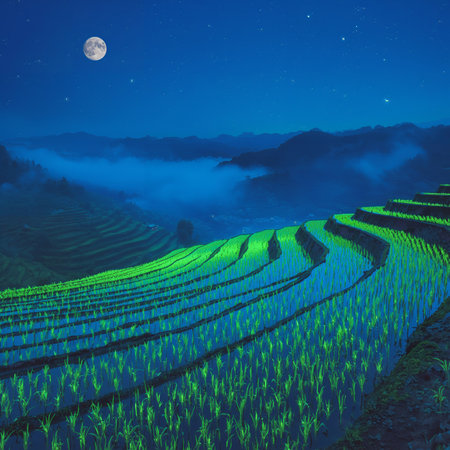 Rice terraces at sunset in the mist. Nature landscape background.の素材