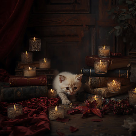 Cute little kitten sitting among books and candles. Vintage style.の素材