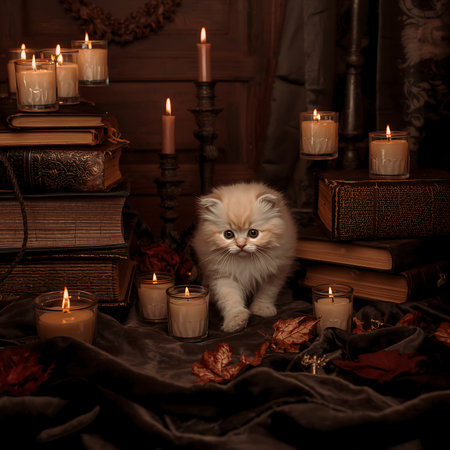Cute kitten with candles and books on a dark background. Halloween.の素材
