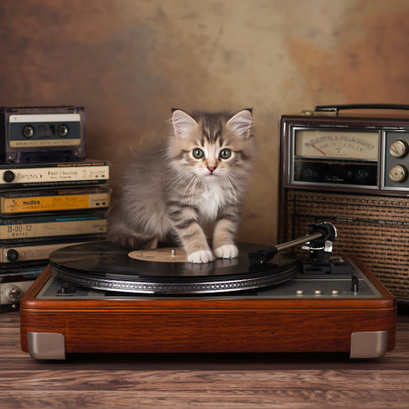 Cute kitten playing on a turntable. Retro style.の素材