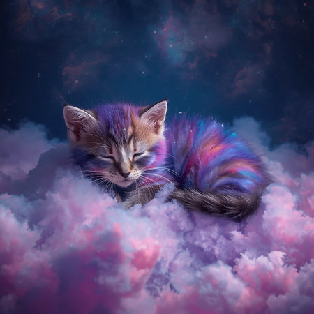 Cute little kitten sleeping on a cloud in a fantasy space.の素材