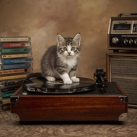 Cute tabby kitten sitting on a turntable and listening to vinyl recordsの素材