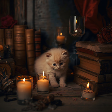 Cute little kitten sitting on old books and candles. Halloween conceptの素材