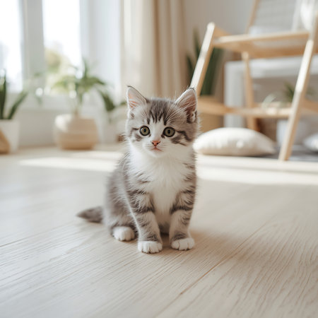 Cute little kitten sitting on wooden floor at home, copy spaceの素材