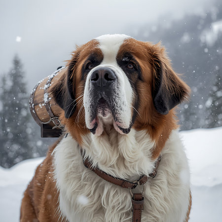 Portrait of a bernese mountain dog in the snow.の素材