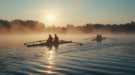 Silhouette of a group of people rowing on a lake at sunriseの素材