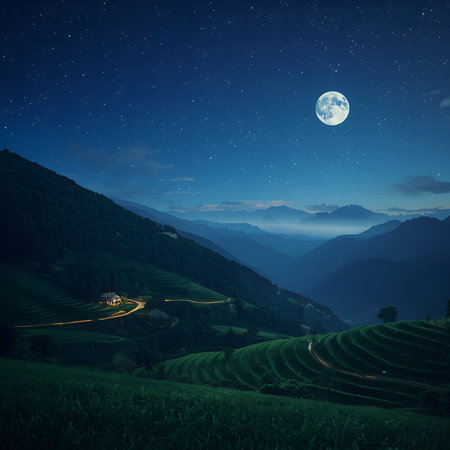 Terraced rice field at night with full moon in the skyの素材