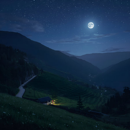 Beautiful landscape with full moon in the mountains at night. Carpathians, Ukraineの素材