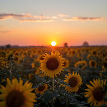 Sunflower field at sunset. Sunflower natural background. Sunflower blooming.の素材