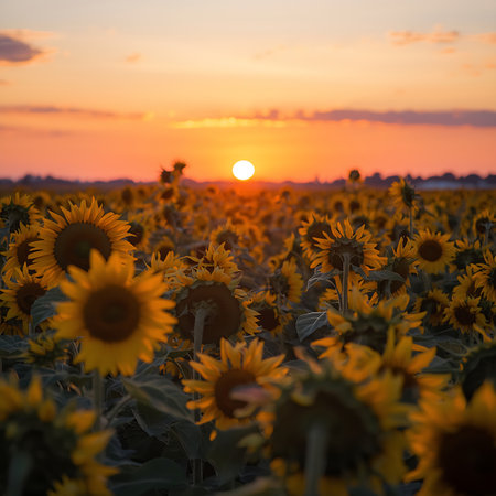 Sunflower field at sunset. Beautiful summer landscape with sunflowers.の素材