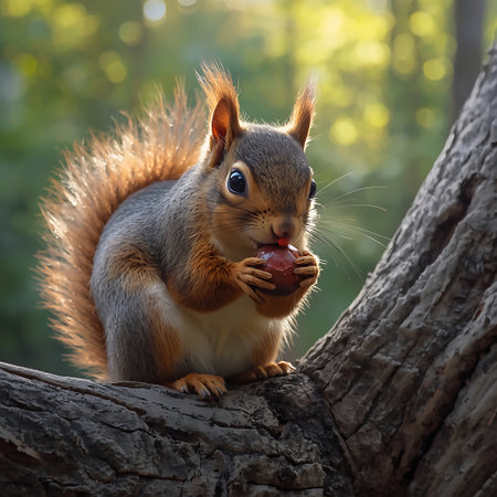 Eurasian red squirrel (Sciurus vulgaris) eating an appleの素材