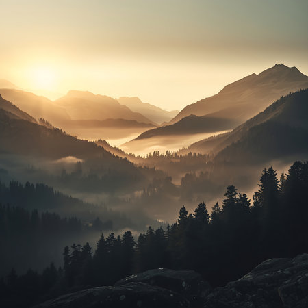 Foggy morning in the mountains. Landscape with fog and sunの素材