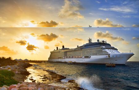 Cruise ship docked at port on sunset.の写真素材