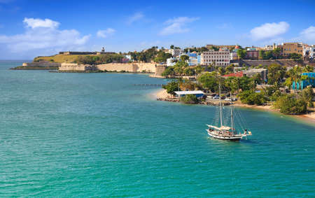 SAN JUAN, PUERTO RICO - MARCH 28, 2019: Coastline of San Juan, Puerto Rico and fortress the Castillo San Felipe del Morro on sunny dayのeditorial素材