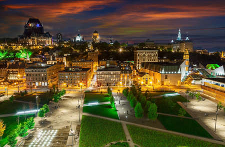 Panorama of Quebec City  with illuminated streets in the eveningの写真素材