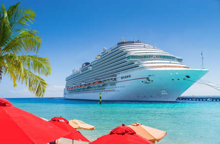 Cruise ship docked at tropical port on sunny dayの写真素材