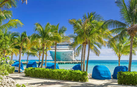 Cruise ship docked at tropical port on sunny dayの写真素材