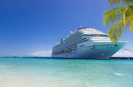 Cruise ship docked at tropical port on sunny dayの写真素材
