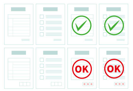 Assorted illustrations of documents. Plain, check, OK (light blue)