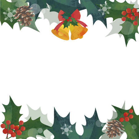 Christmas Frame. Holly and Bells, Decorative Frame. Watercolor, square. (square)のイラスト素材