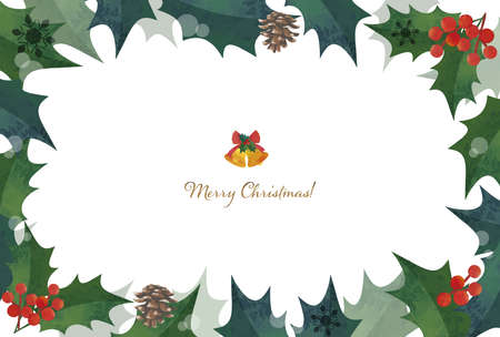 Christmas Card. Creative Christmas Frame. Holly and Bells Watercolor Illustration (100Ã148mm, Postcard Size Ratio)のイラスト素材