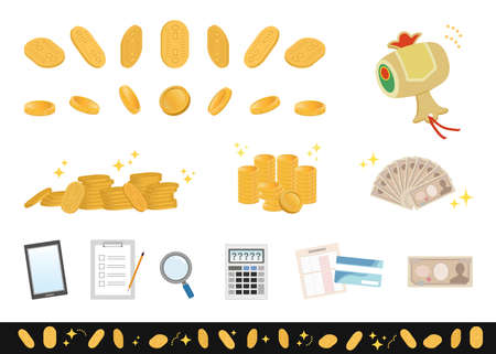 Glittering Japanese old money(Oval coins)and normal coin. Image Illustration in recycle shop related. Assessment, Used, sell.のイラスト素材