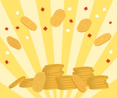 Japanese old money,Heaps of oval coins are placed and confetti flying. Yellow ray, Bright image. 300Ã250px ratio banner (copy space in the center)のイラスト素材