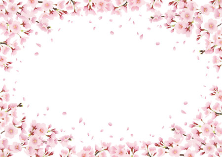 Cherry blossom trees in full bloom, cherry blossom arch, landscape illustration Decoration, frame, enclosure decoration  (lateral length A3,A4 ratio)のイラスト素材