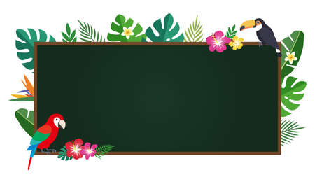 Tropical leaves and two birds. Blackboard background material,copy space in the center (16: 9 ratio)のイラスト素材