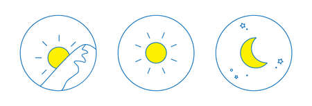 Morning, noon, night image illustration, round icon set 3 types (line drawing, blue)
