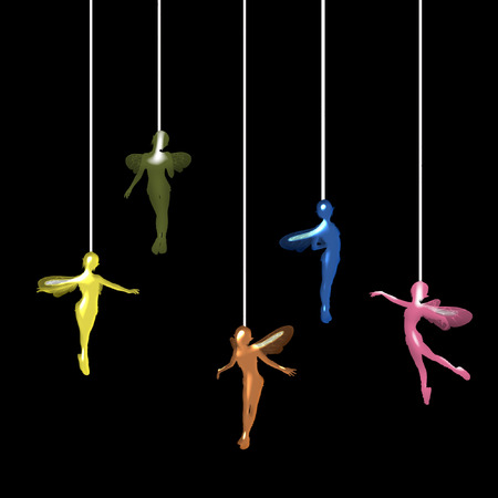 several little colorful fairies dangling on stringsのイラスト素材