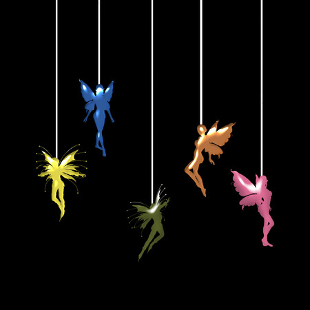 several little colorful fairies dangling on stringsのイラスト素材