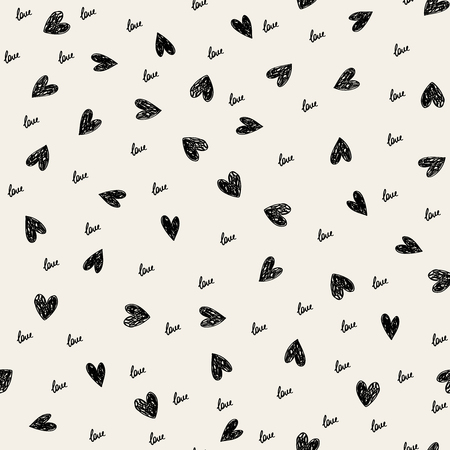 Doodle Valentines Day background seamless pattern with cute hearts and word love. Vector illustration.のイラスト素材