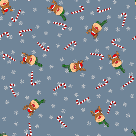 Seamless Christmas pattern with Rednosed Reindeer on a background with snowflakes. Perfect for gift wrapping paper or background for holiday designsのイラスト素材