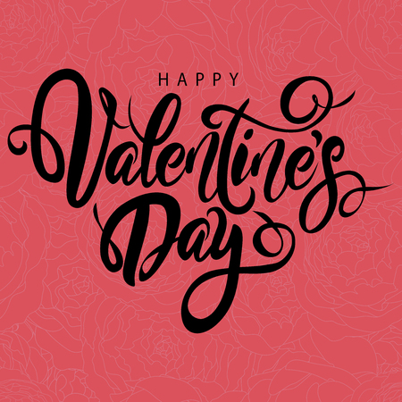 Happy Valentine's Day lovely hand drawn brush lettering, isolated on pink peonies background. Perfect for holiday design, cards. Vector illustration.のイラスト素材