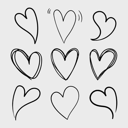 Vector set of doodle hand drawn isolated hearts icons. Design elementsのイラスト素材