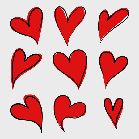 Vector set of red doodle hand drawn isolated hearts icons. Valentine's day design elementsのイラスト素材