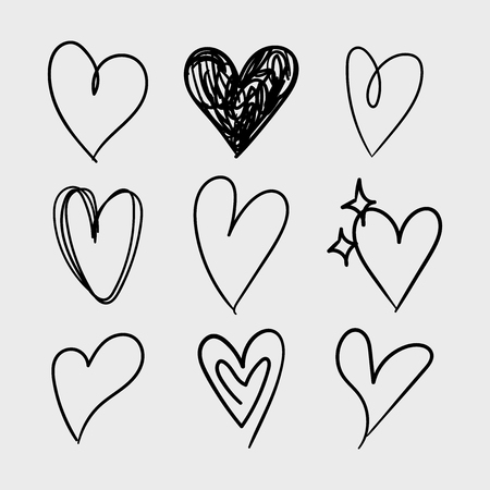 Vector set of doodle hand drawn isolated hearts icons. Design elementsのイラスト素材