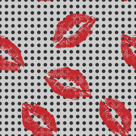 Vector woman red lipstick kiss prints seamless background comics vintage pattern. Red lovely kisses for romantic, wedding and valentine backgroundsのイラスト素材